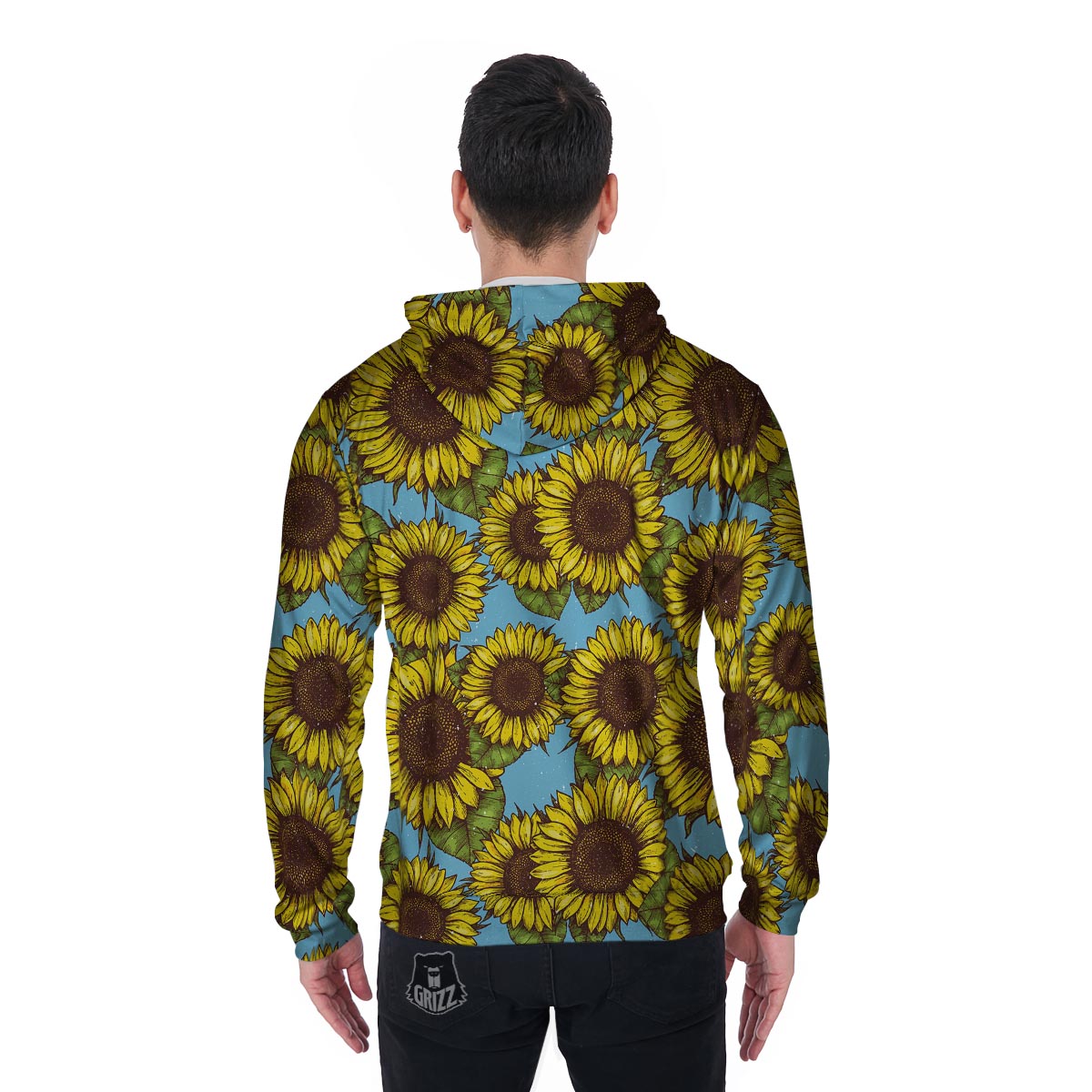 Blue Sunflower Print Men's Zip Up Hoodie-grizzshop