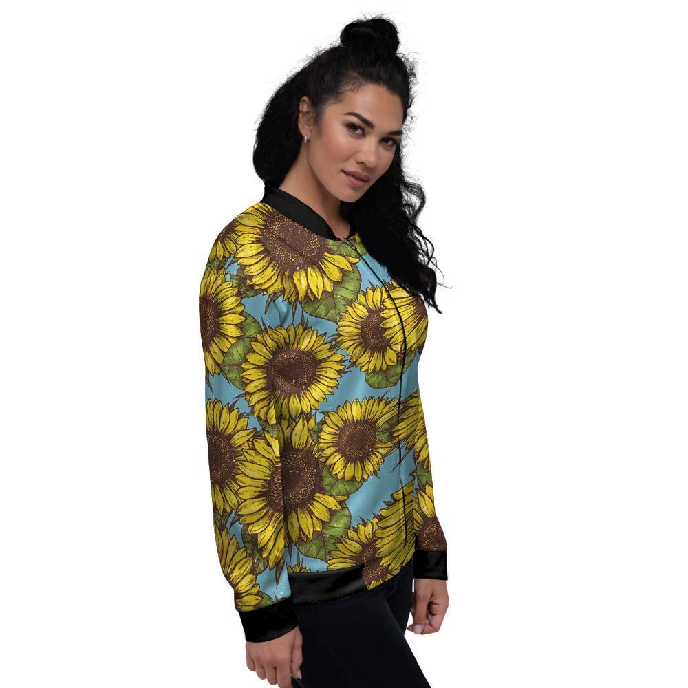 Blue Sunflower Print Women's Bomber Jacket-grizzshop