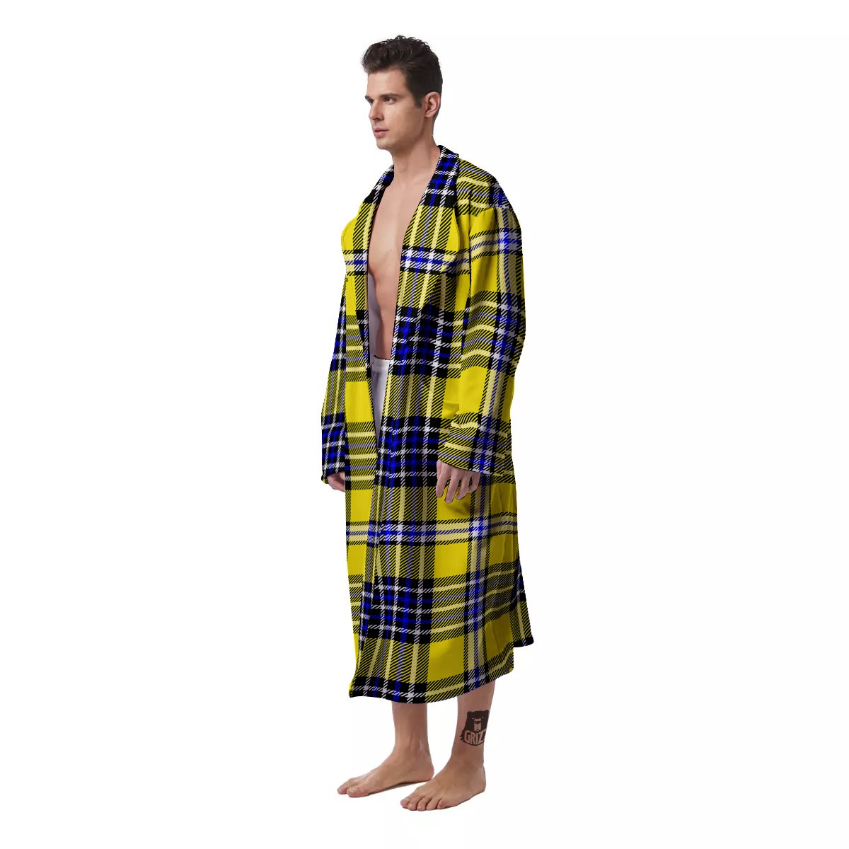 Blue Tartan And Black Yellow Print Pattern Men's Robe-grizzshop