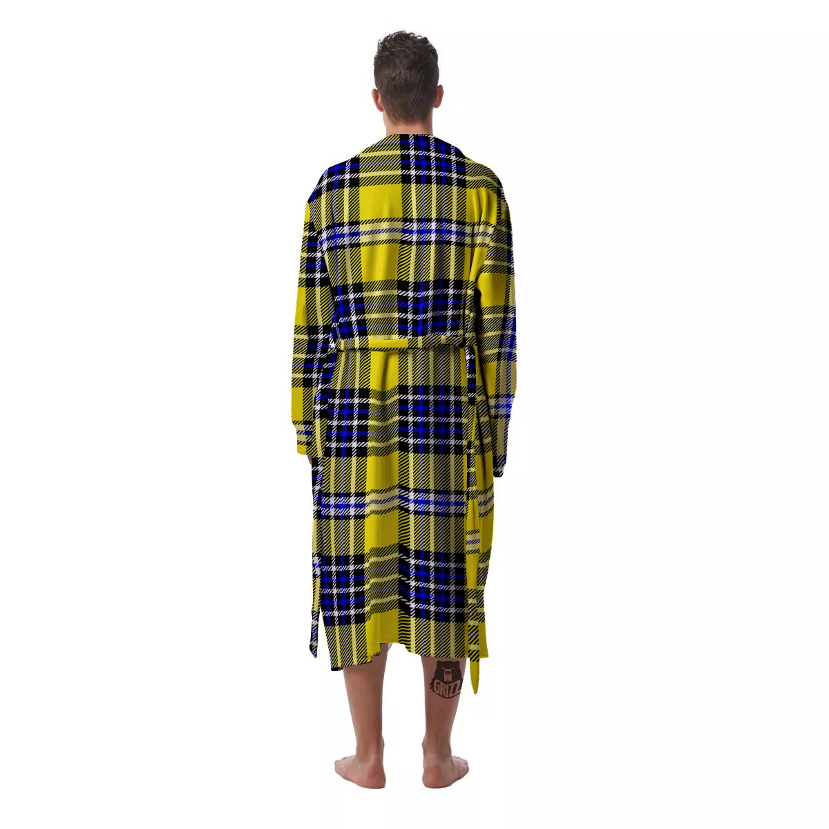 Blue Tartan And Black Yellow Print Pattern Men's Robe-grizzshop