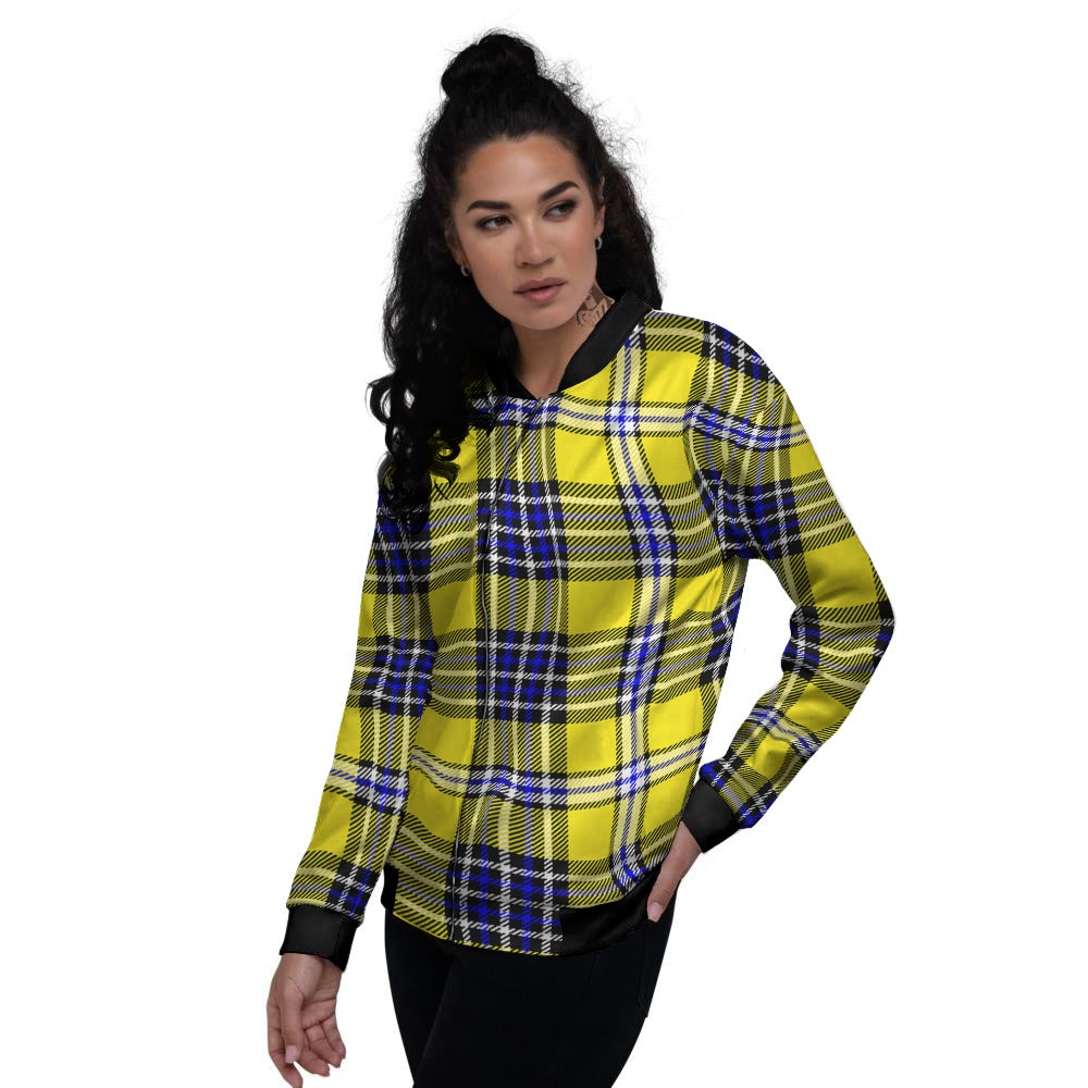 Blue Tartan And Black Yellow Print Pattern Women's Bomber Jacket-grizzshop