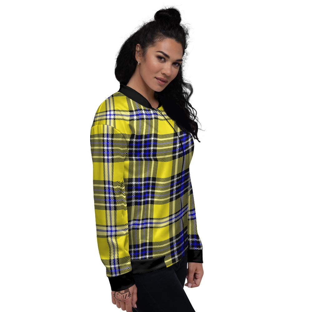 Blue Tartan And Black Yellow Print Pattern Women's Bomber Jacket-grizzshop