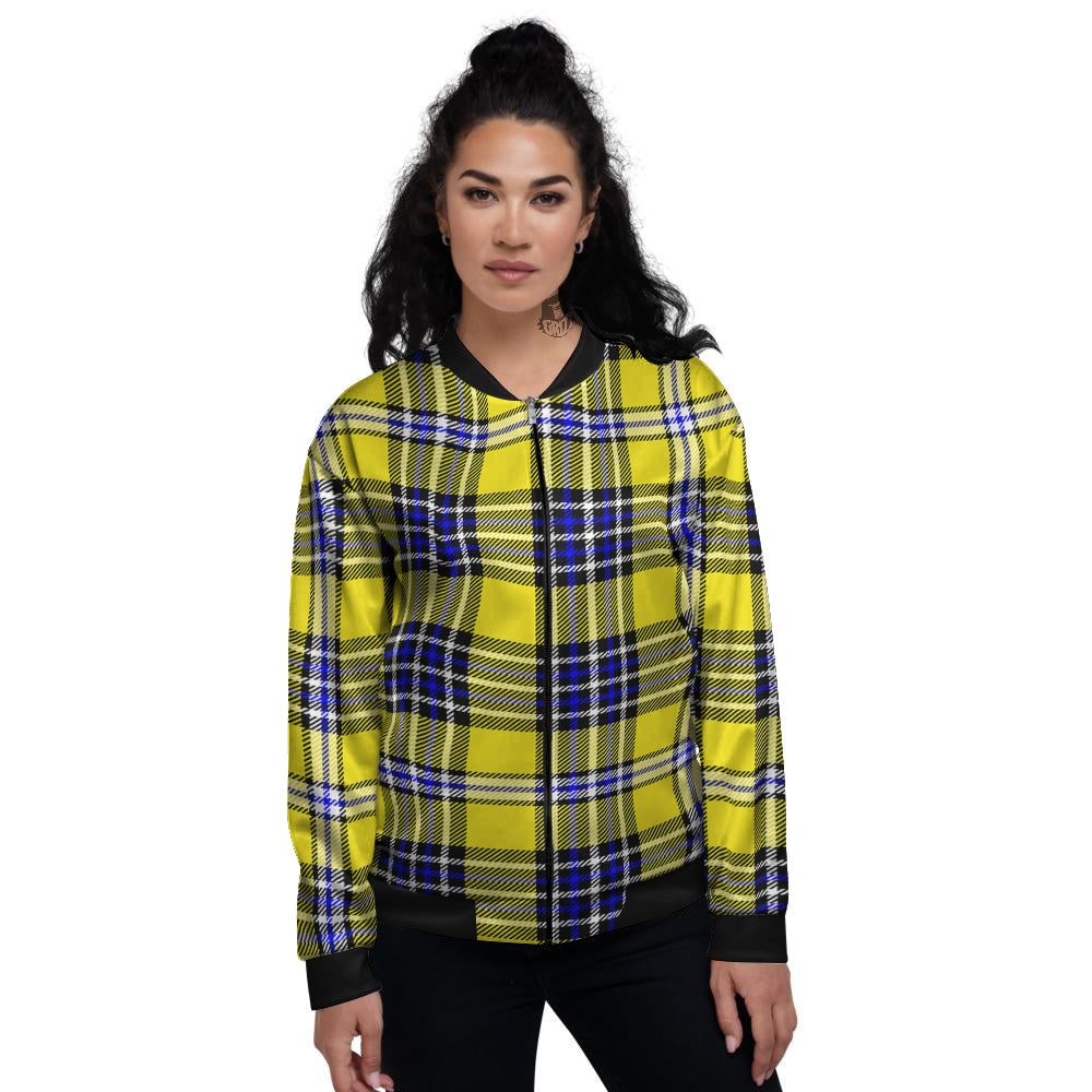 Blue Tartan And Black Yellow Print Pattern Women's Bomber Jacket-grizzshop