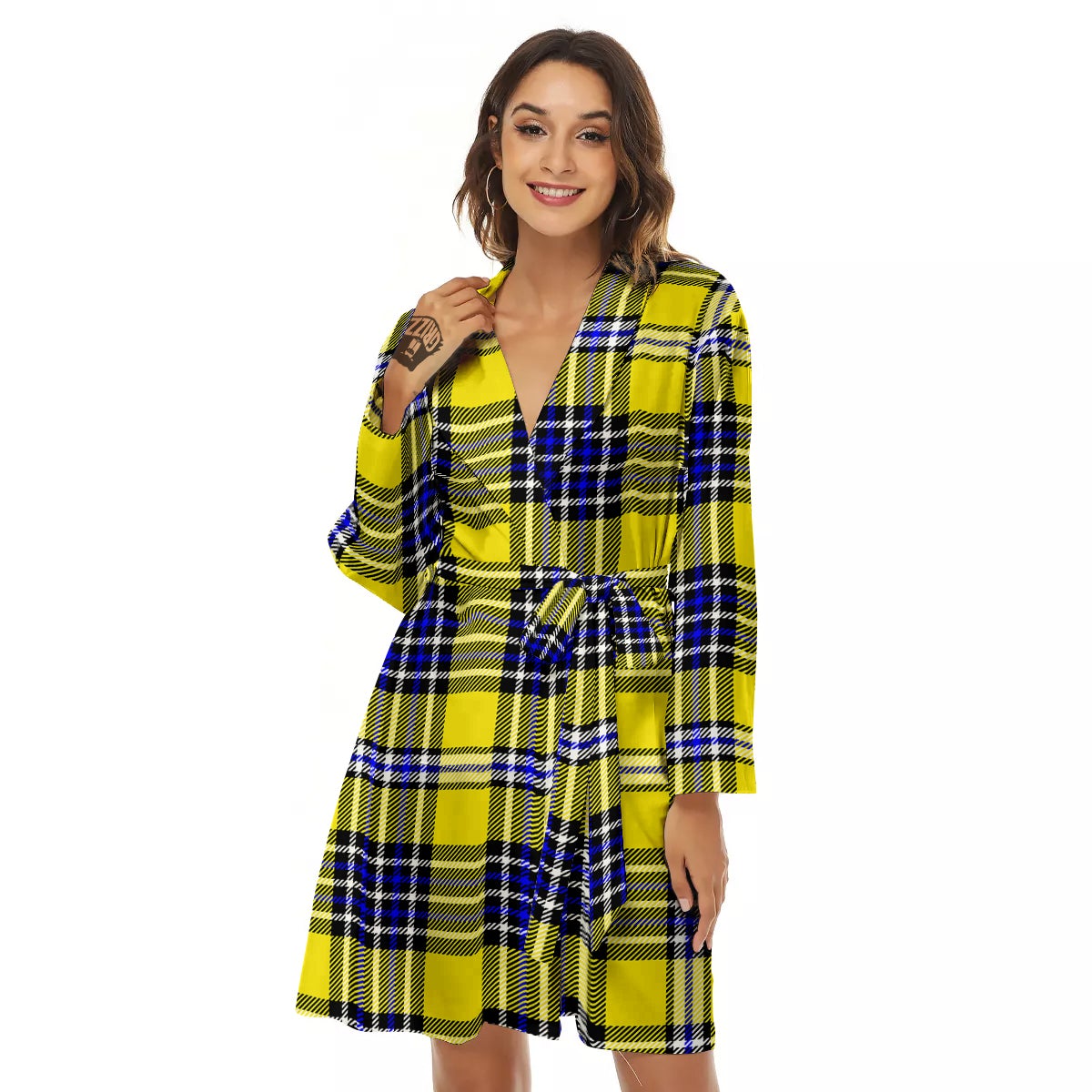 Blue Tartan And Black Yellow Print Pattern Women's Robe-grizzshop