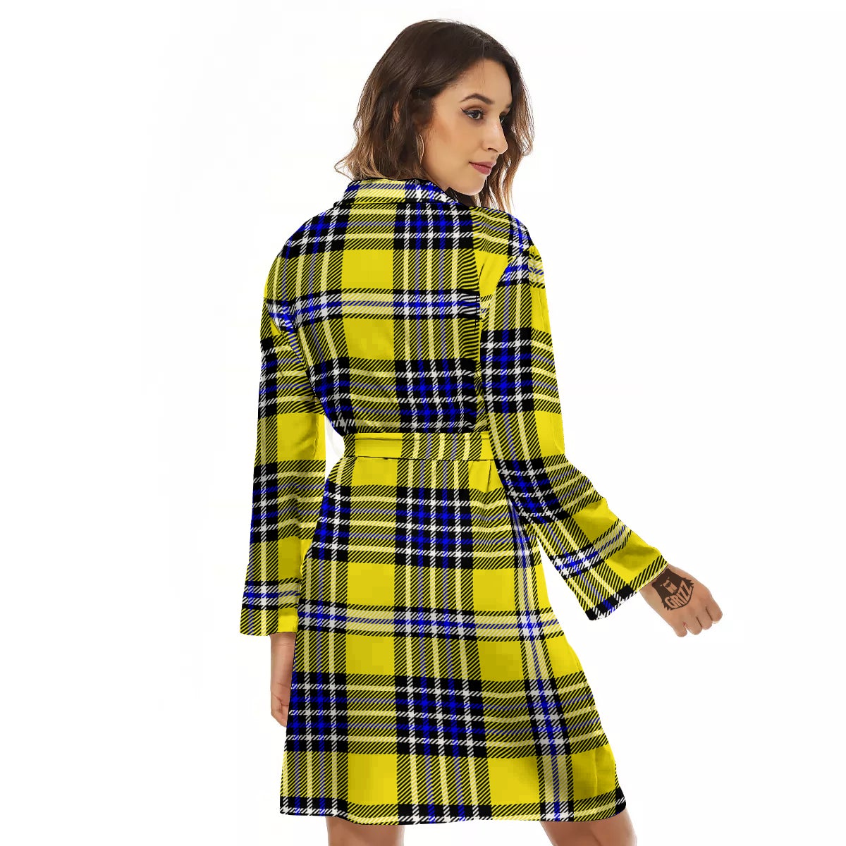 Blue Tartan And Black Yellow Print Pattern Women's Robe-grizzshop