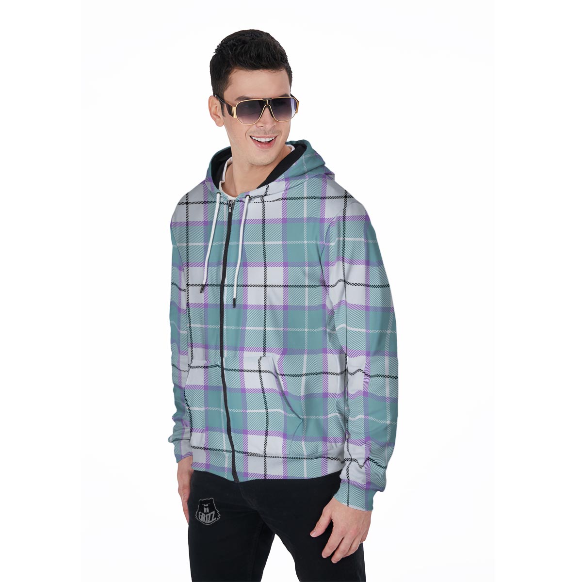 Blue Tartan Plaid Men's Zip Up Hoodie-grizzshop