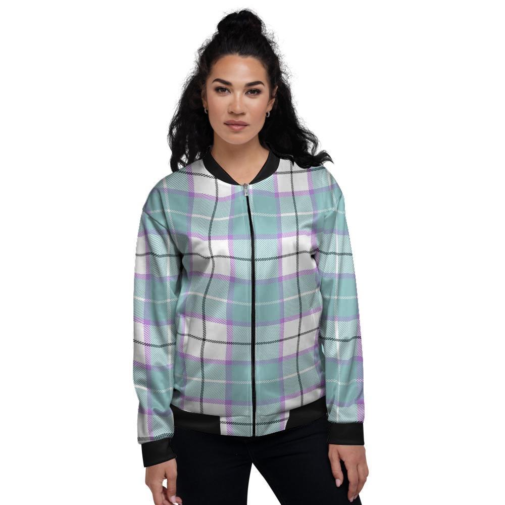 Blue Tartan Plaid Women's Bomber Jacket-grizzshop