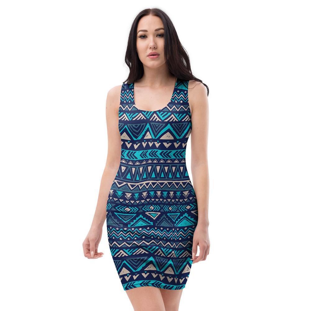 Blue Tribal Aztec Hand Drawn Bodycon Dress-grizzshop