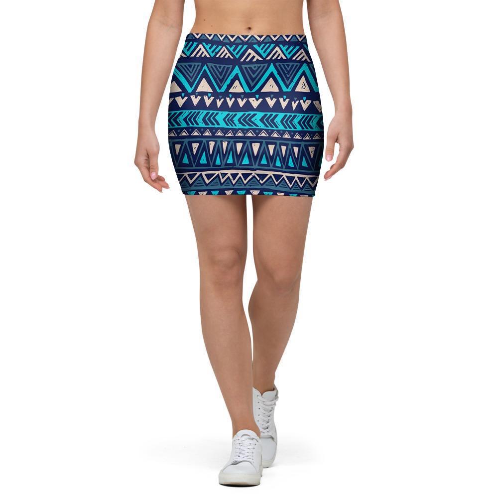 Blue Tribal Aztec Hand Drawn Mini Skirt-grizzshop