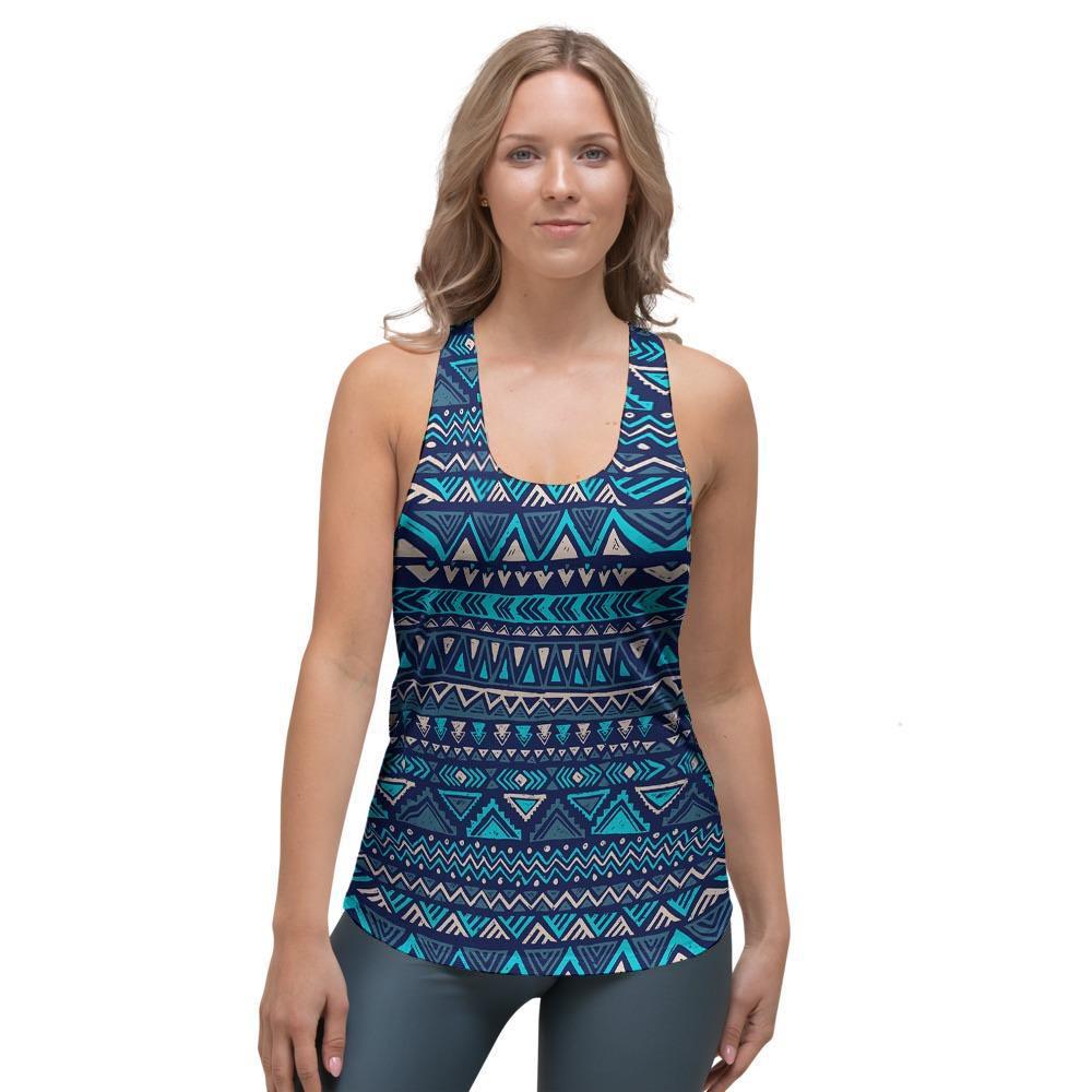 Blue Tribal Aztec Hand Drawn Women's Racerback Tank Top-grizzshop