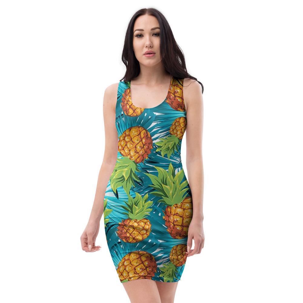 Blue Tropical Hawaiian Pineapple Print Bodycon Dress-grizzshop