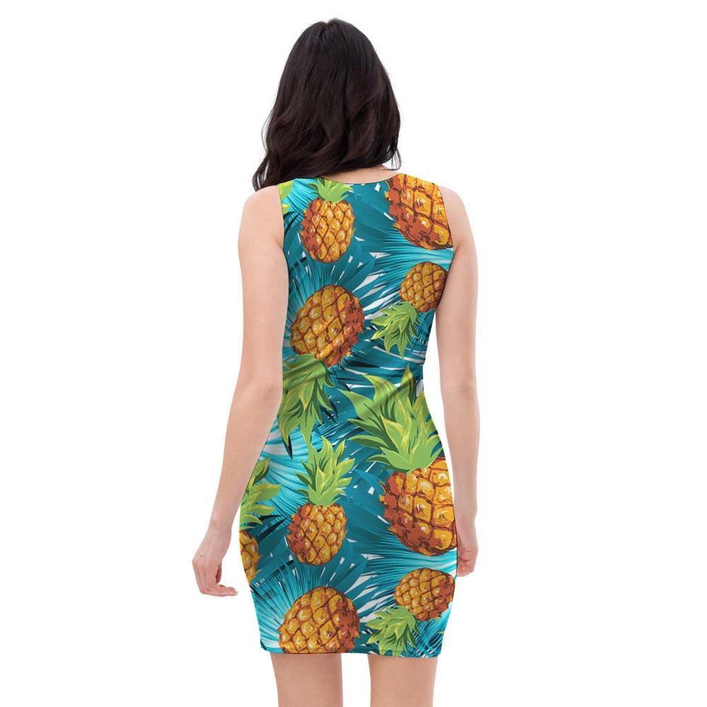 Blue Tropical Hawaiian Pineapple Print Bodycon Dress-grizzshop