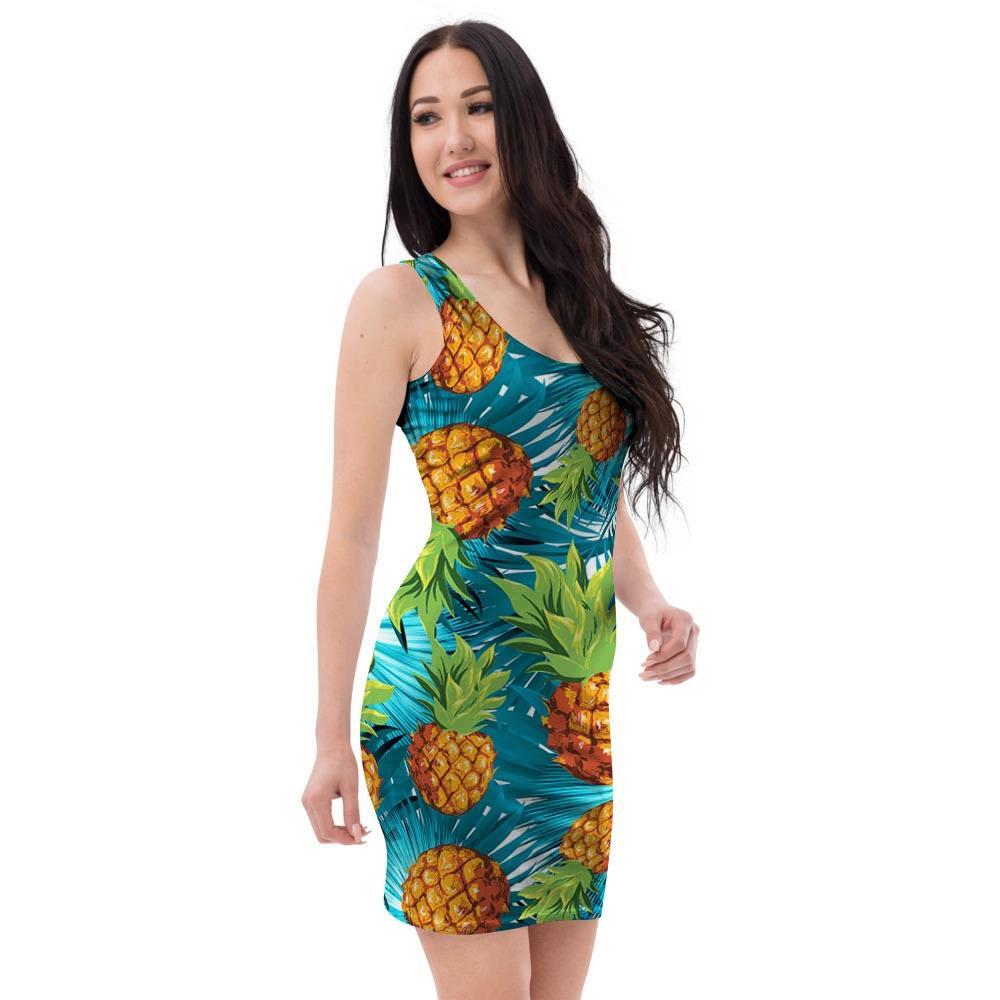 Blue Tropical Hawaiian Pineapple Print Bodycon Dress-grizzshop