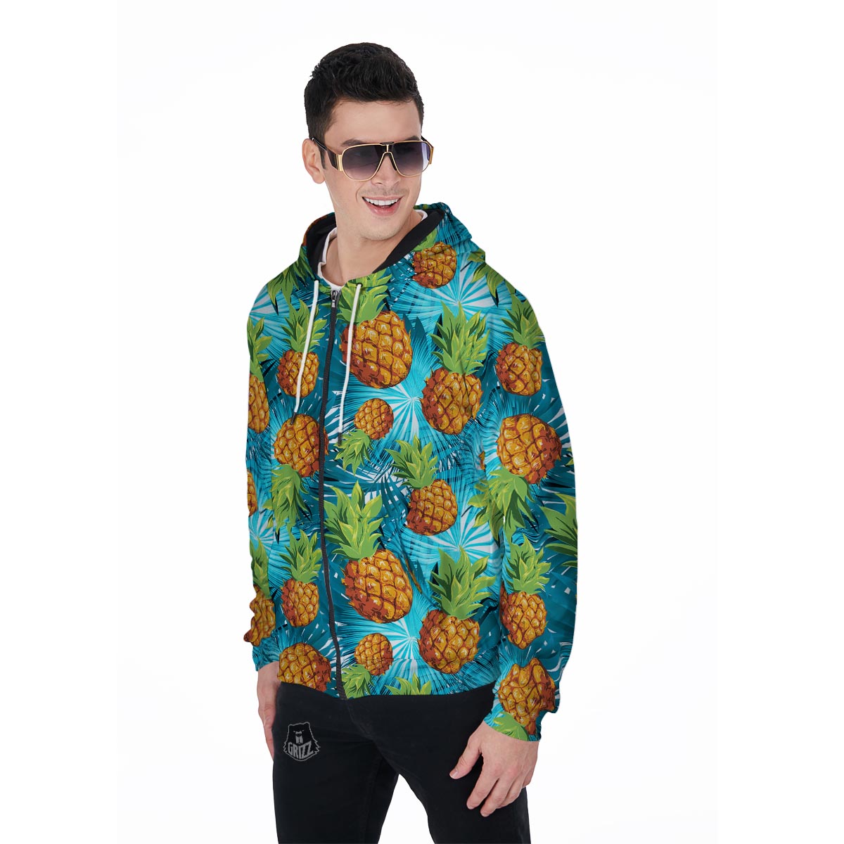 Blue Tropical Hawaiian Pineapple Print Men's Zip Up Hoodie-grizzshop