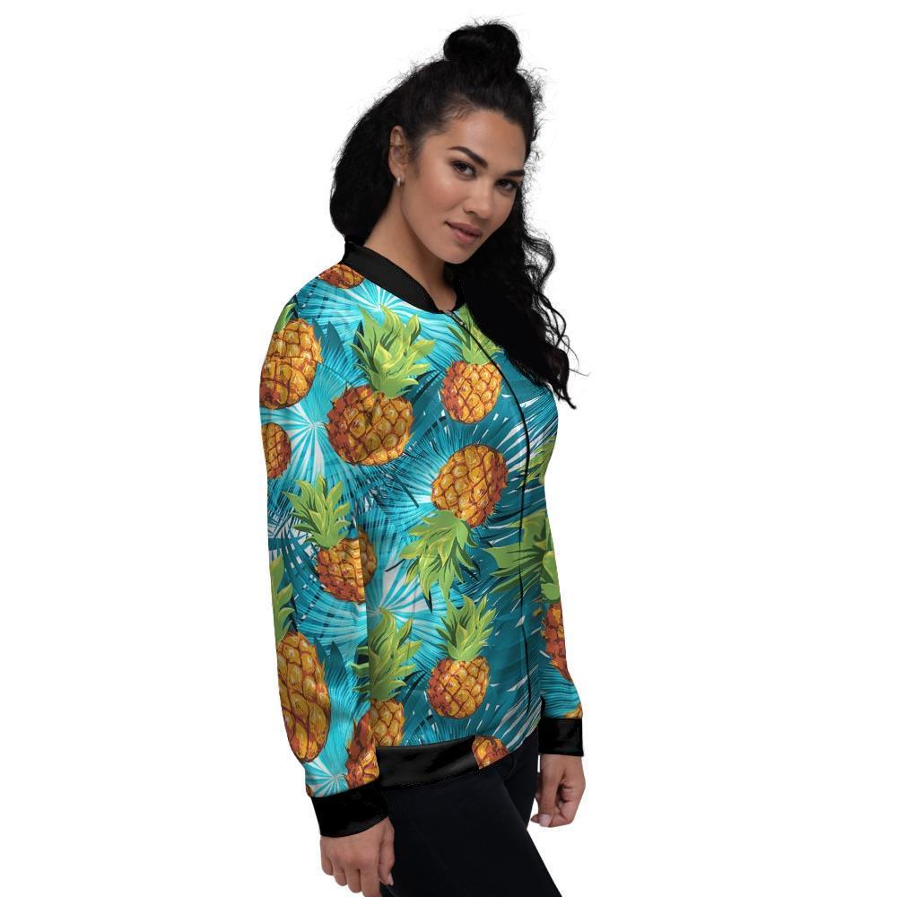 Blue Tropical Hawaiian Pineapple Print Women's Bomber Jacket-grizzshop
