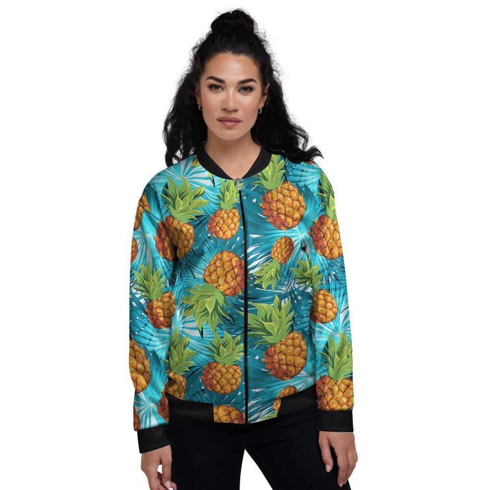 Blue Tropical Hawaiian Pineapple Print Women's Bomber Jacket-grizzshop