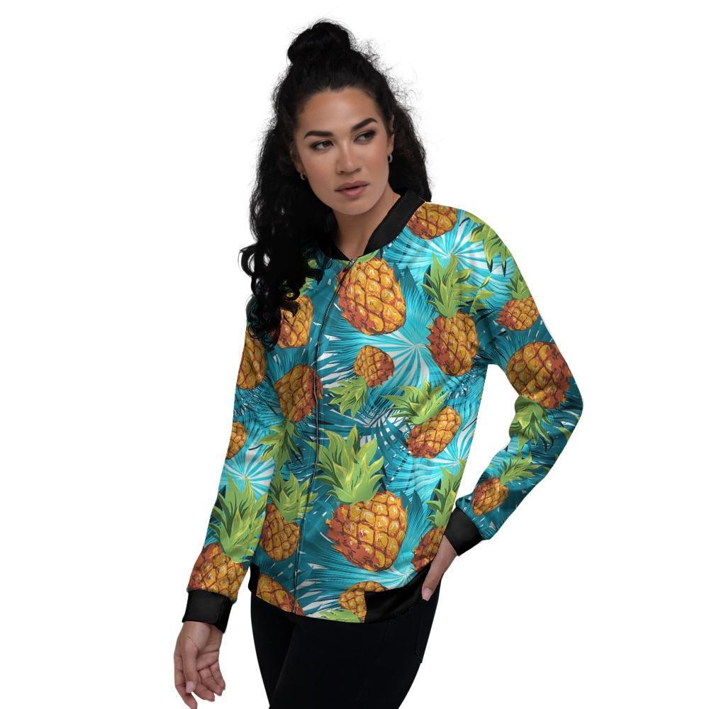 Blue Tropical Hawaiian Pineapple Print Women's Bomber Jacket-grizzshop