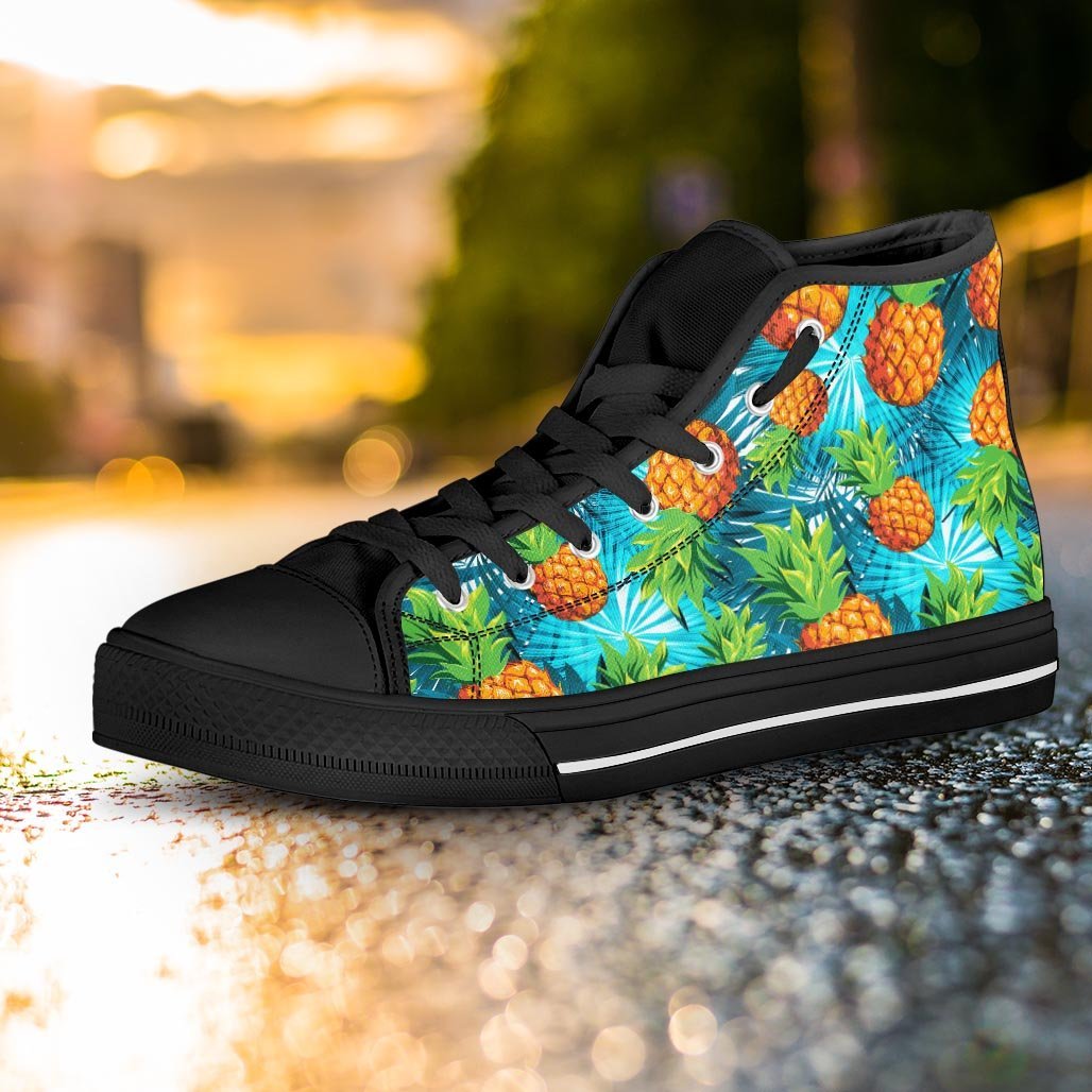 Blue Tropical Hawaiian Pineapple Print Women's High Top Shoes-grizzshop