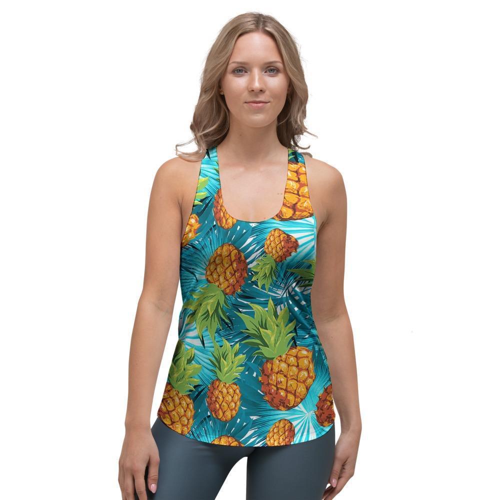 Blue Tropical Hawaiian Pineapple Print Women's Racerback Tank Top-grizzshop