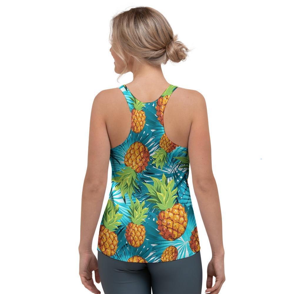 Blue Tropical Hawaiian Pineapple Print Women's Racerback Tank Top-grizzshop