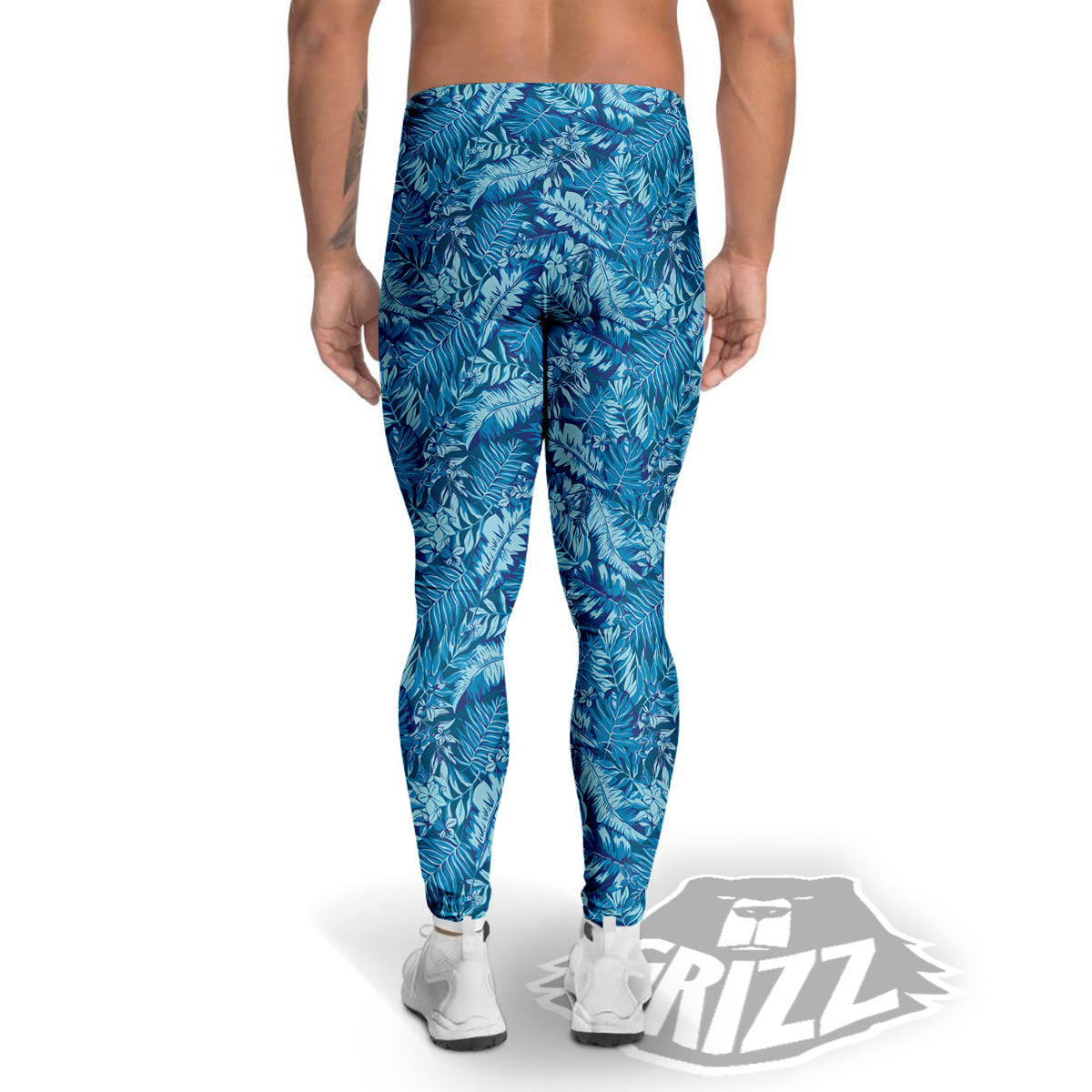 Blue Tropical Leaves Print Men's Leggings-grizzshop