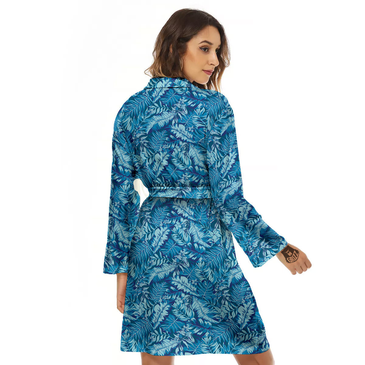 Blue Tropical Leaves Print Women's Robe-grizzshop