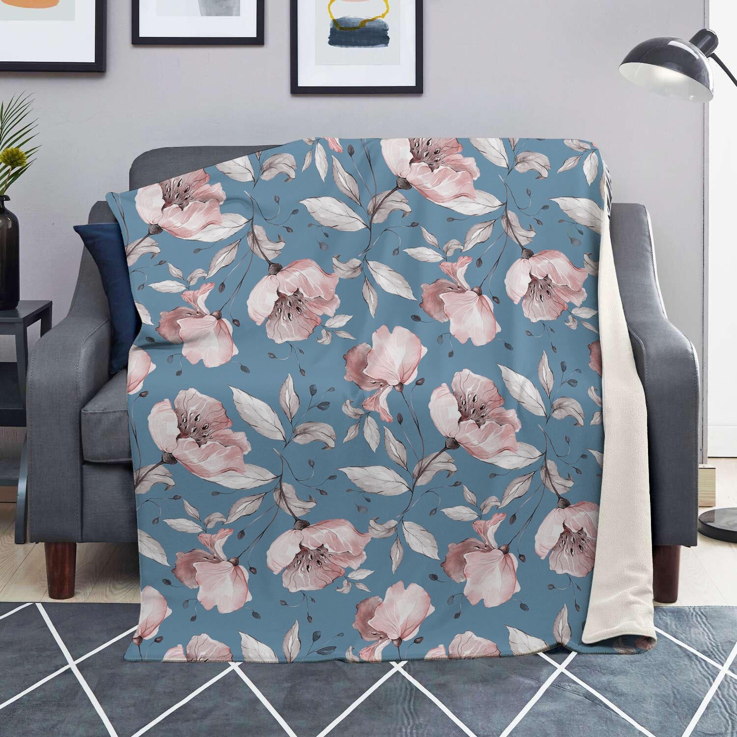 Blue Vintage Floral Print Blanket-grizzshop