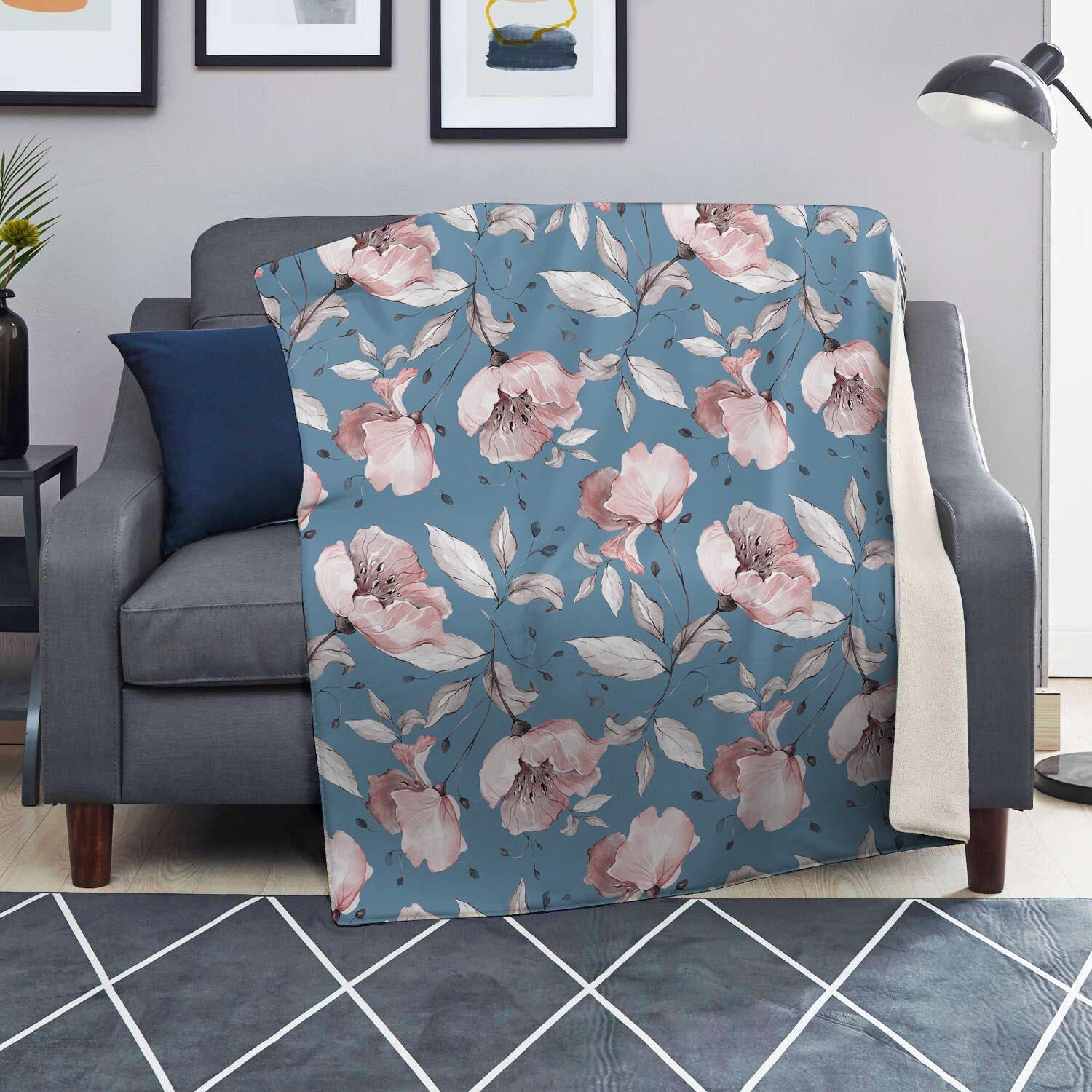 Blue Vintage Floral Print Blanket-grizzshop