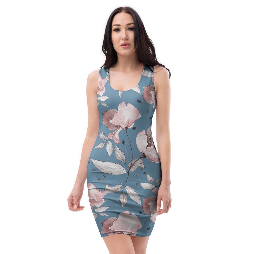 Blue Vintage Floral Print Bodycon Dress-grizzshop