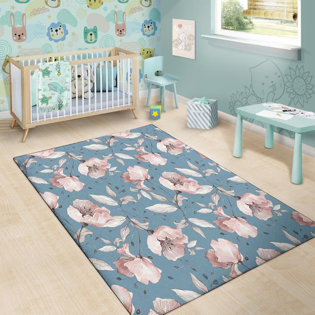 Blue Vintage Floral Print Floor Mat-grizzshop