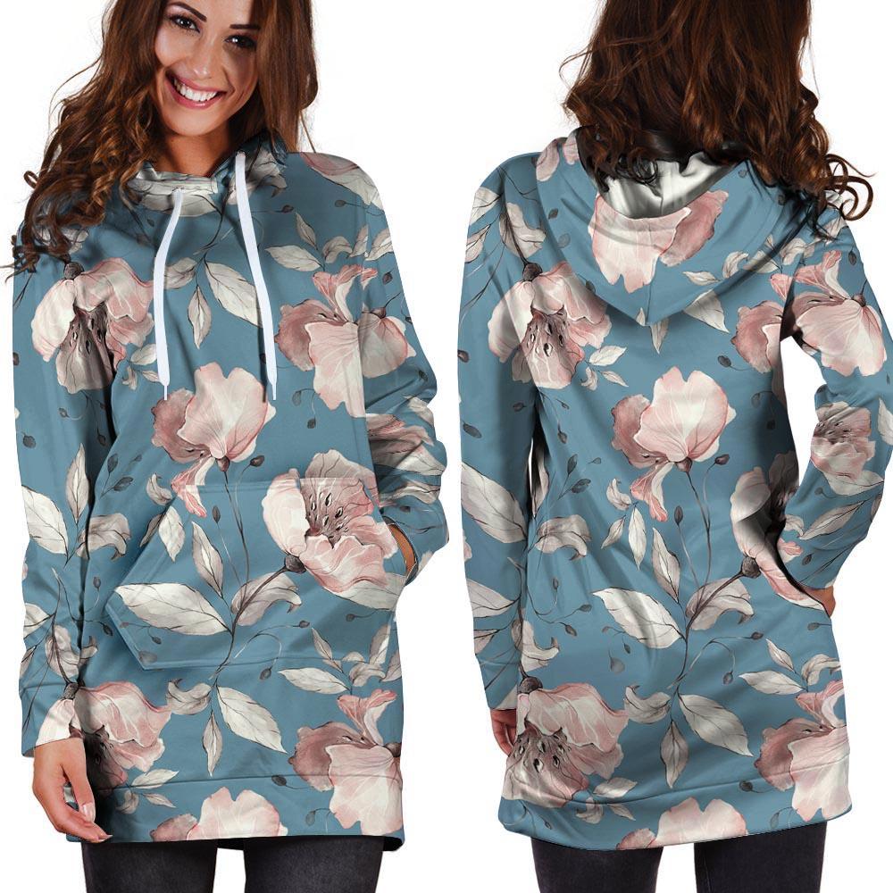 Blue Vintage Floral Print Hoodie Dress-grizzshop