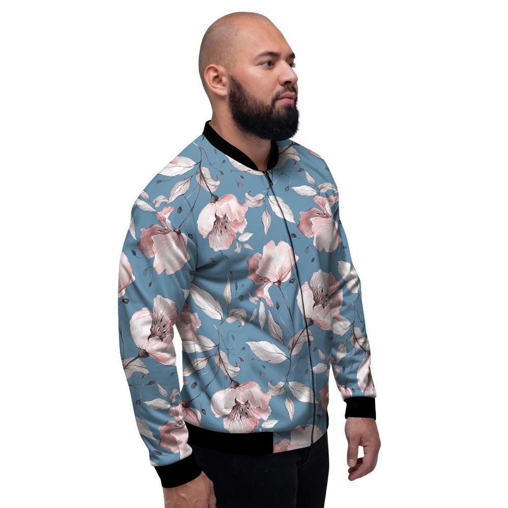 Blue Vintage Floral Print Men's Bomber Jacket-grizzshop