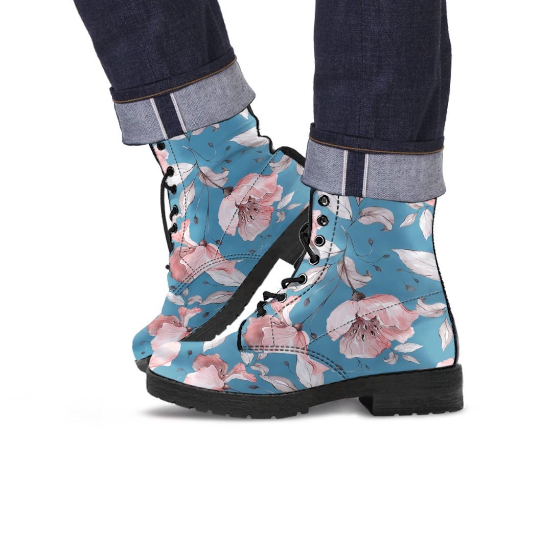 Blue Vintage Floral Print Men's Boots-grizzshop