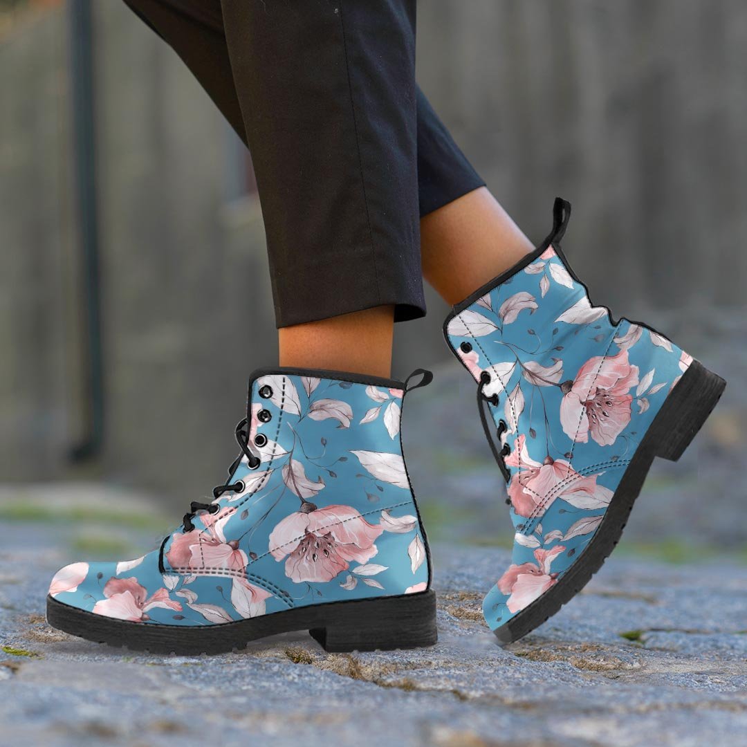 Blue Vintage Floral Print Men's Boots-grizzshop