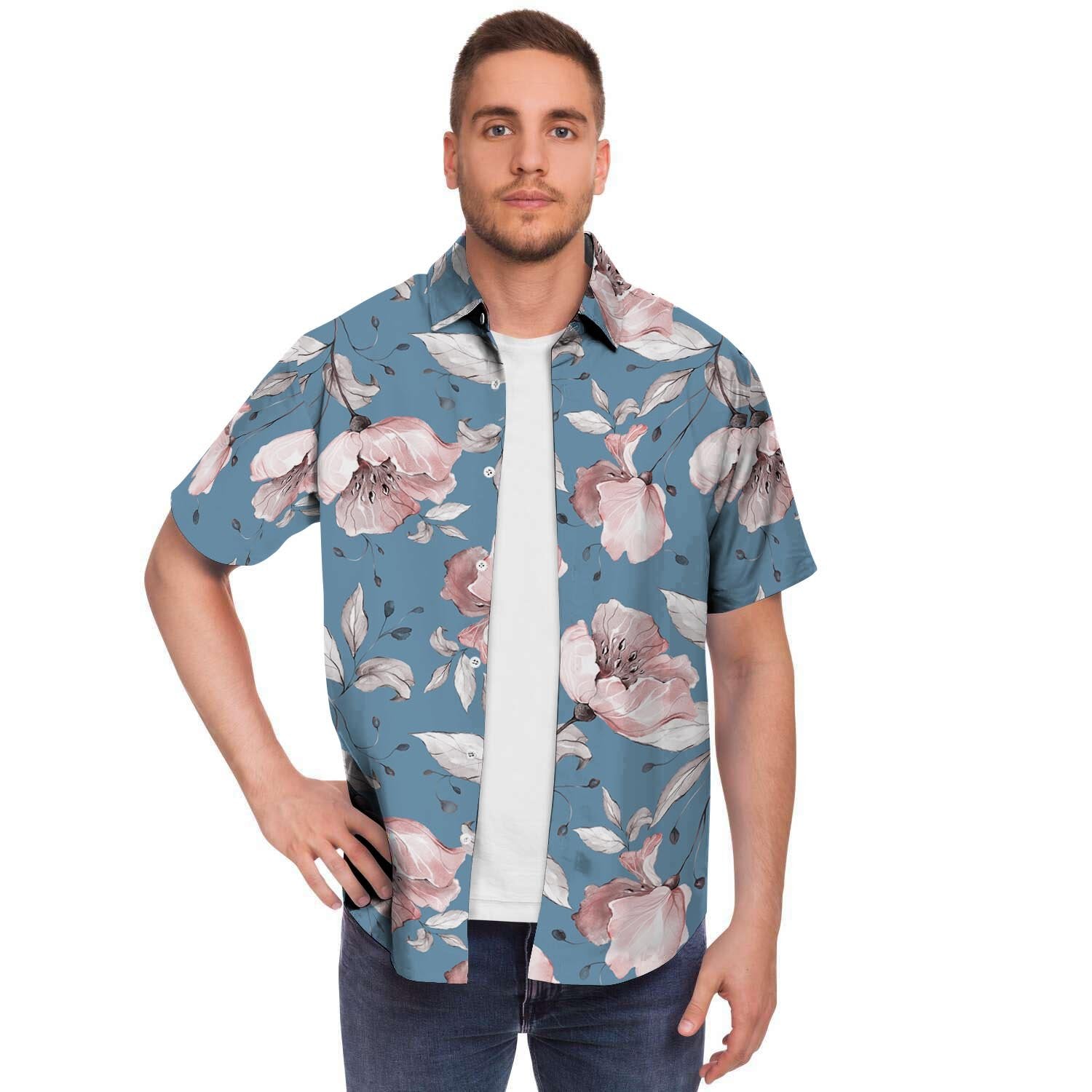 Blue Vintage Floral Print Men's Short Sleeve Shirt-grizzshop