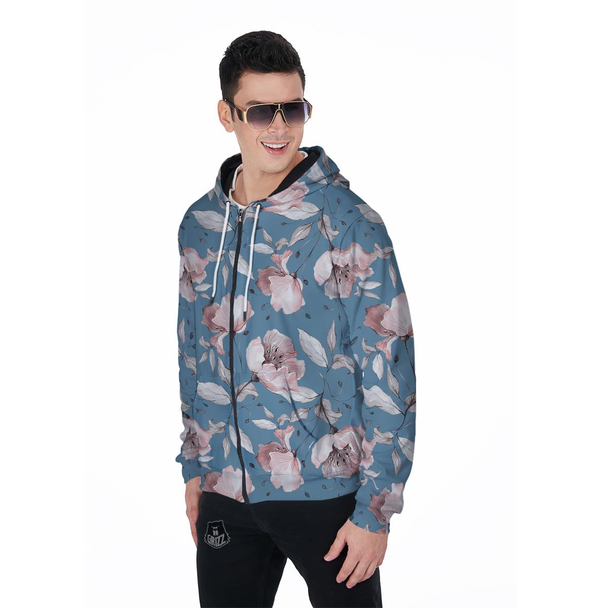 Blue Vintage Floral Print Men's Zip Up Hoodie-grizzshop