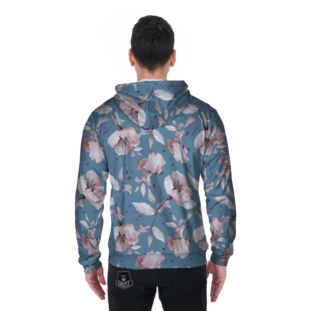 Blue Vintage Floral Print Men's Zip Up Hoodie-grizzshop