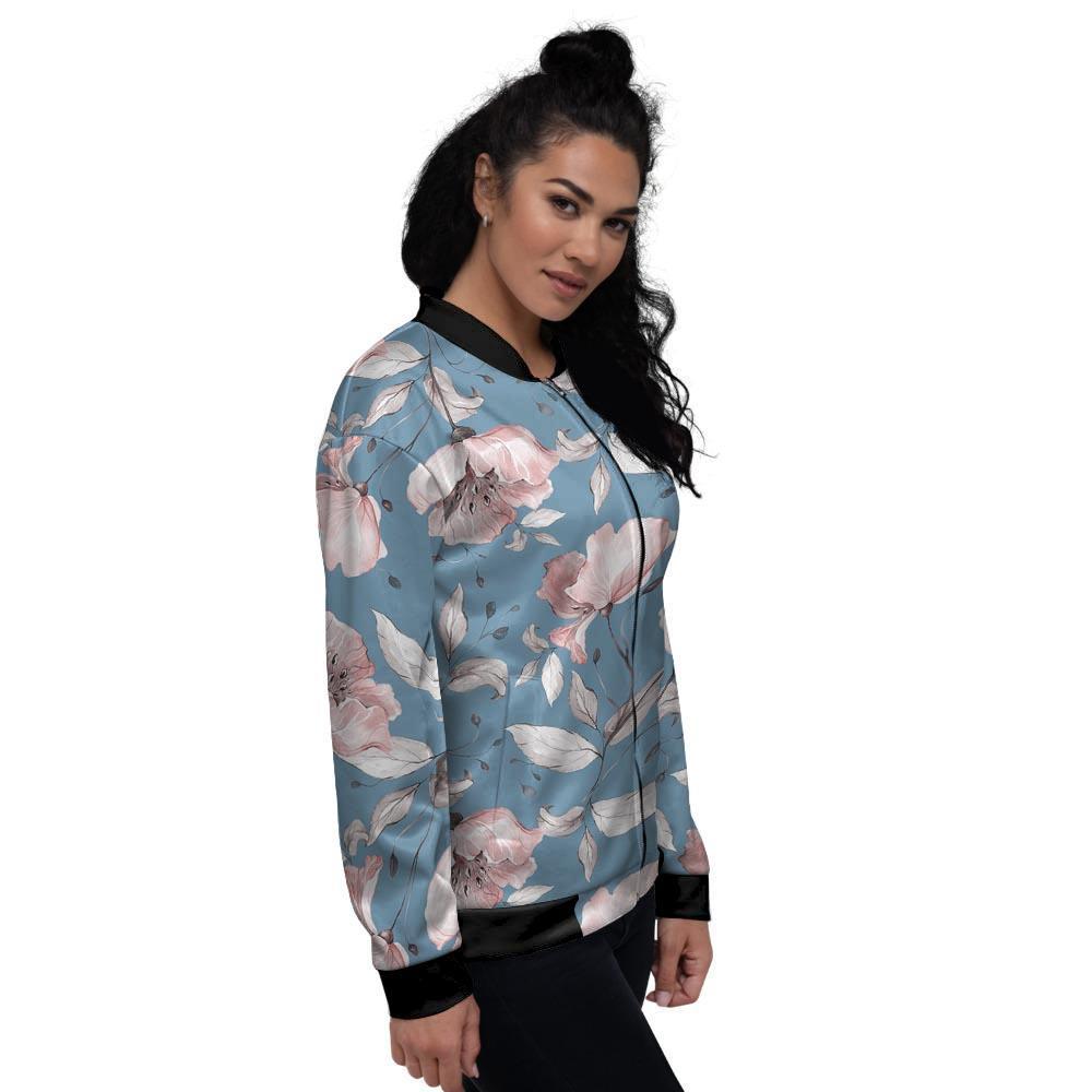 Blue Vintage Floral Print Women's Bomber Jacket-grizzshop