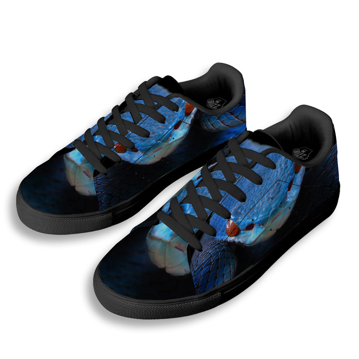 Blue Viper Snake Print Black Low Top Sneakers-grizzshop