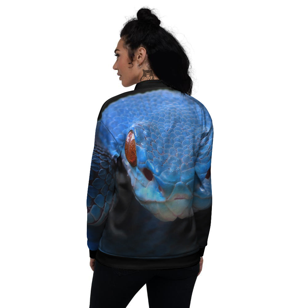 Blue Viper Snake Print Women's Bomber Jacket-grizzshop