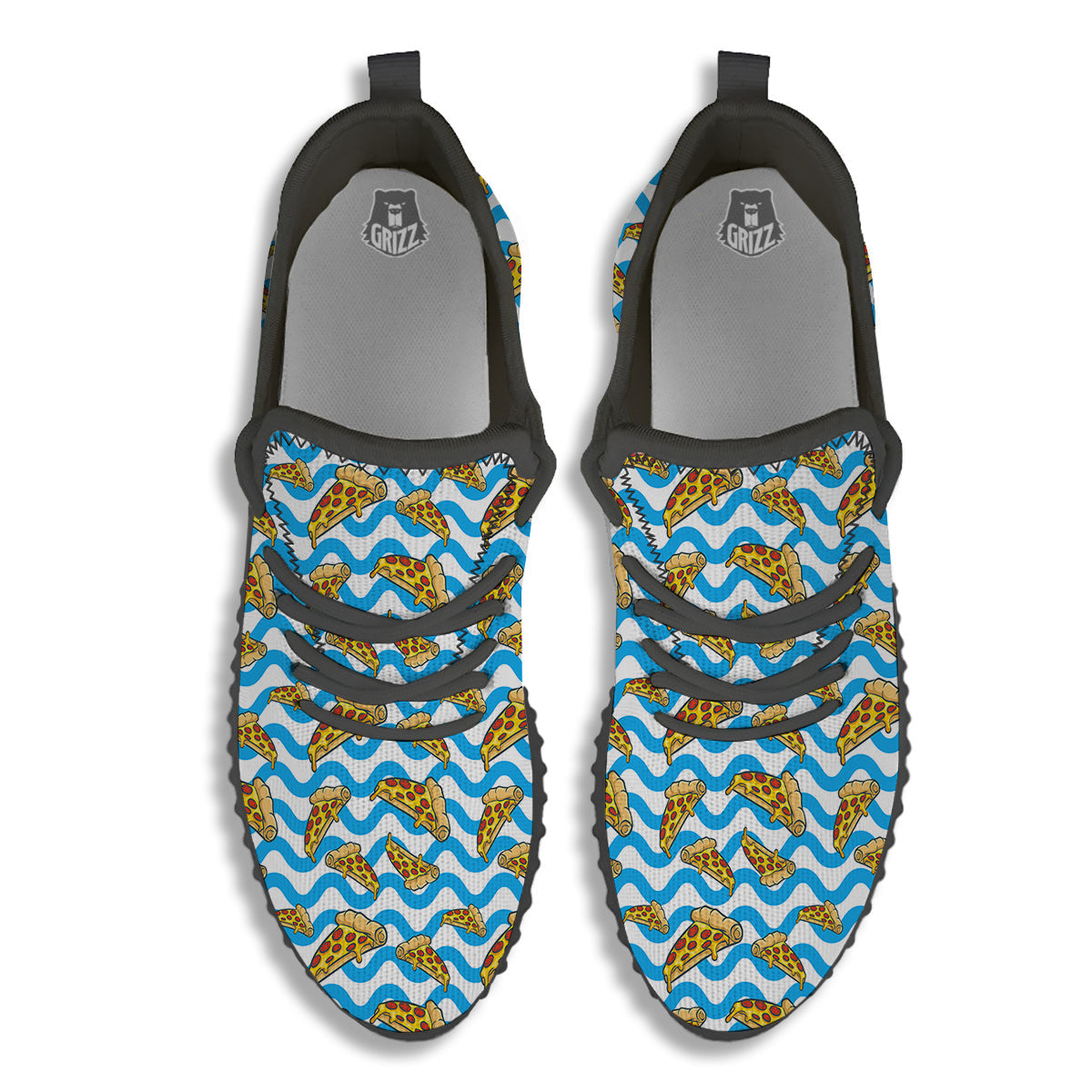 Blue Wave Pizza Print Pattern Black Walking Shoes-grizzshop