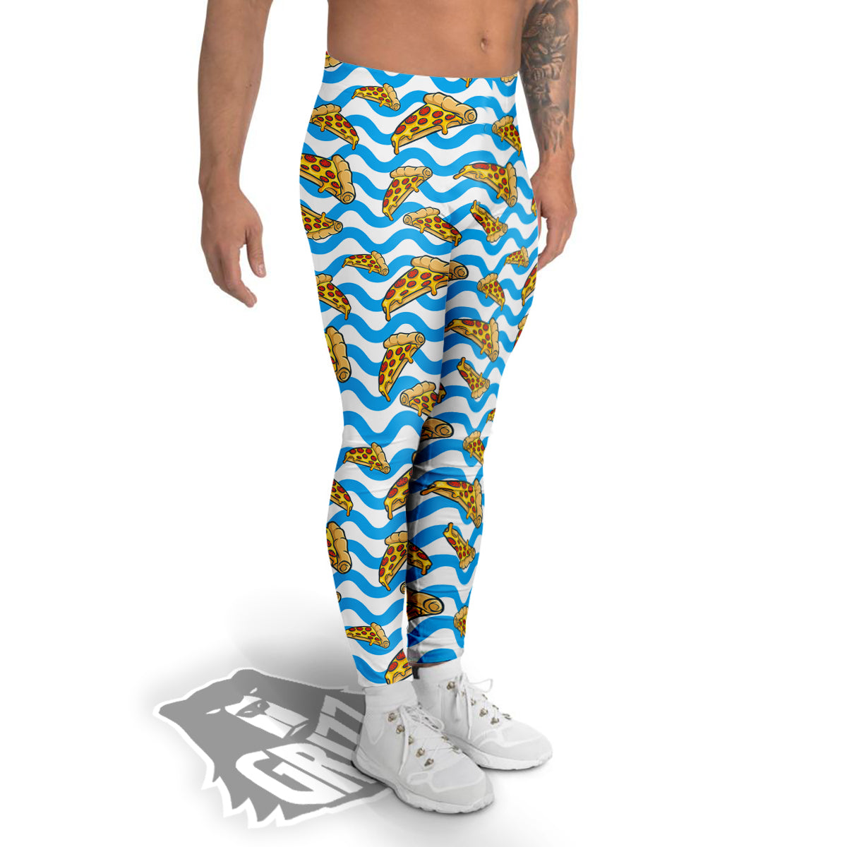 Blue Wave Pizza Print Pattern Men's Leggings-grizzshop