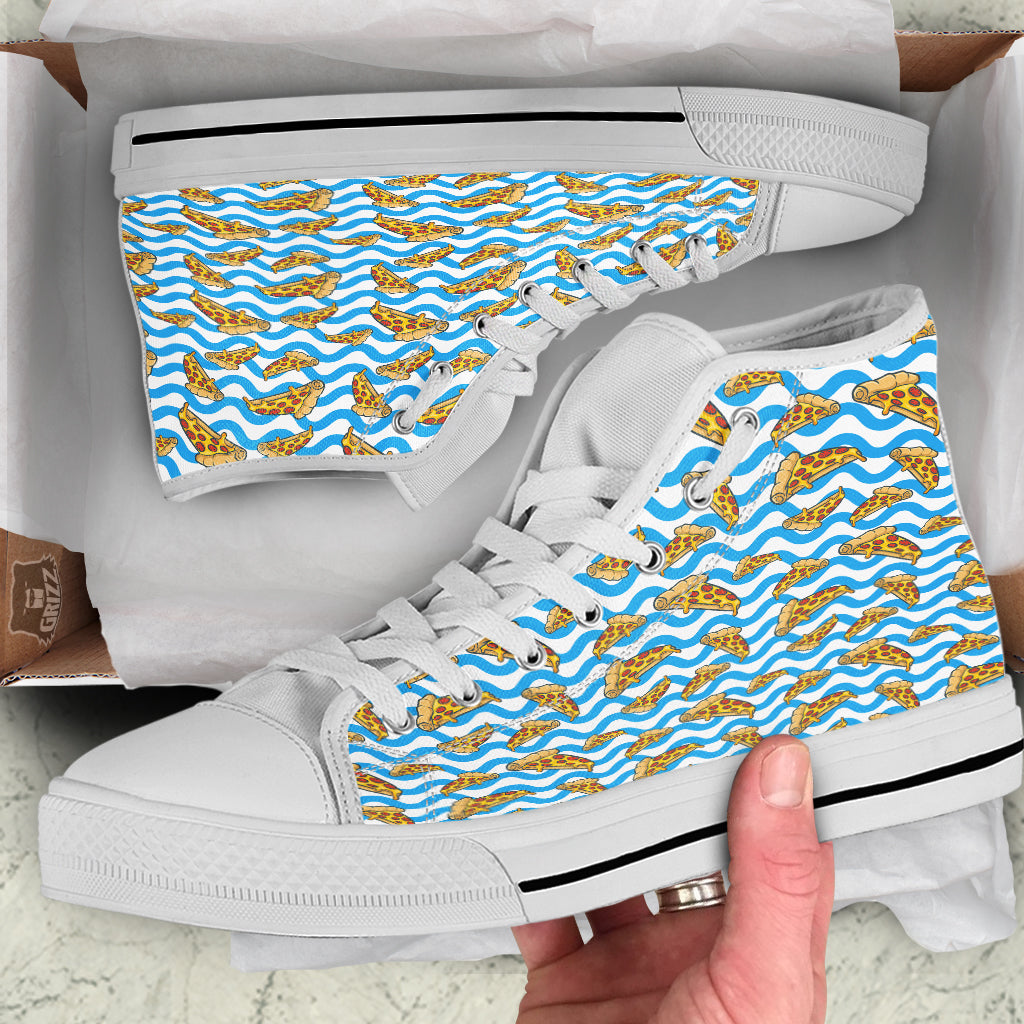 Blue Wave Pizza Print Pattern White High Top Shoes-grizzshop
