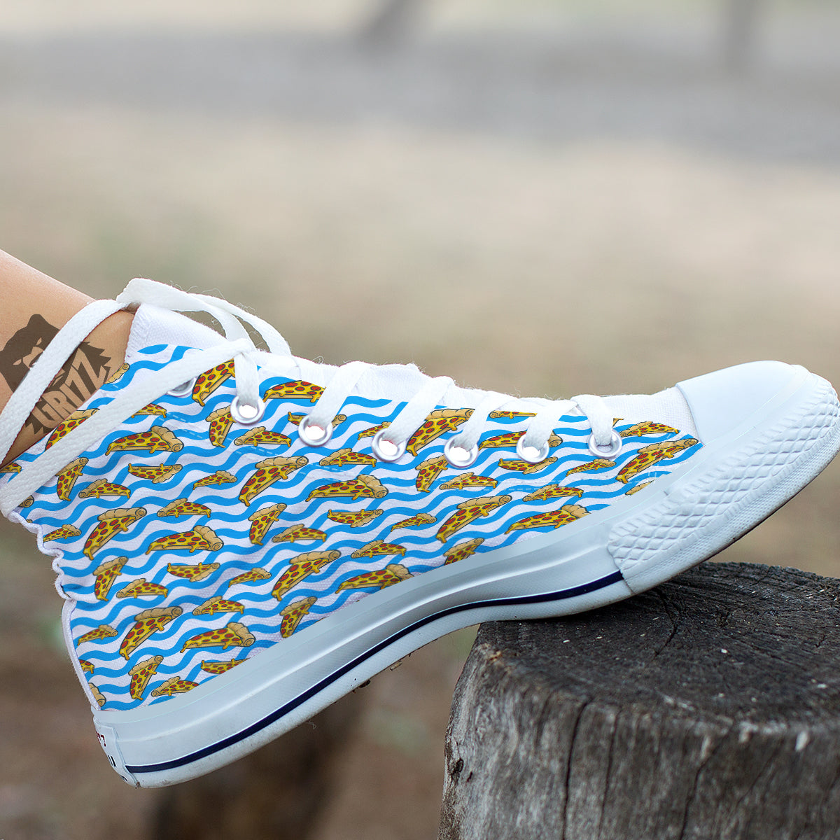Blue Wave Pizza Print Pattern White High Top Shoes-grizzshop