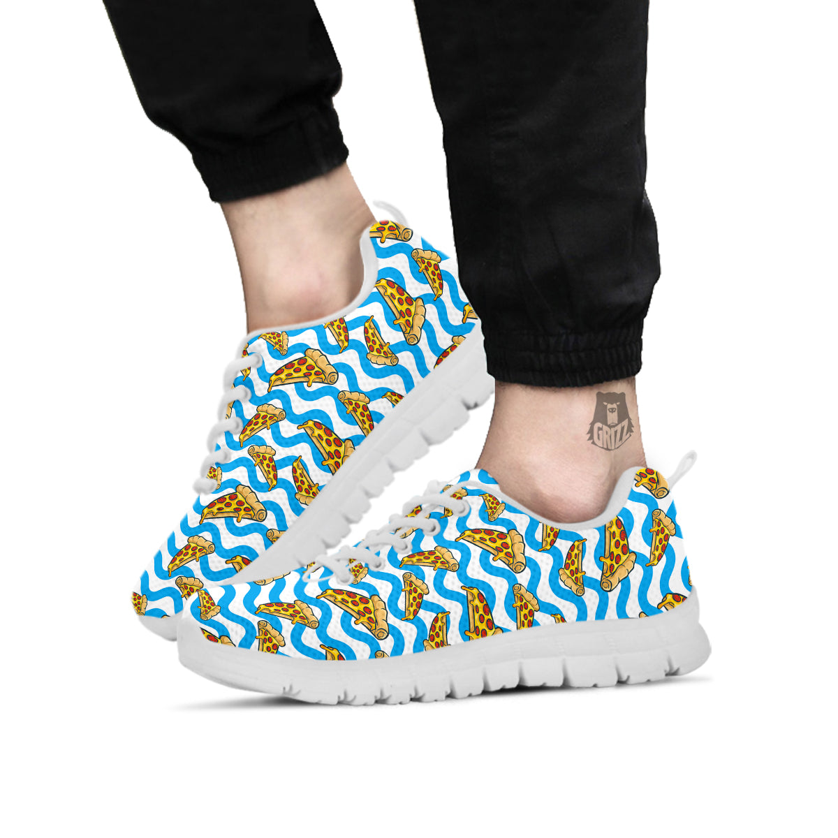 Blue Wave Pizza Print Pattern White Sneaker-grizzshop