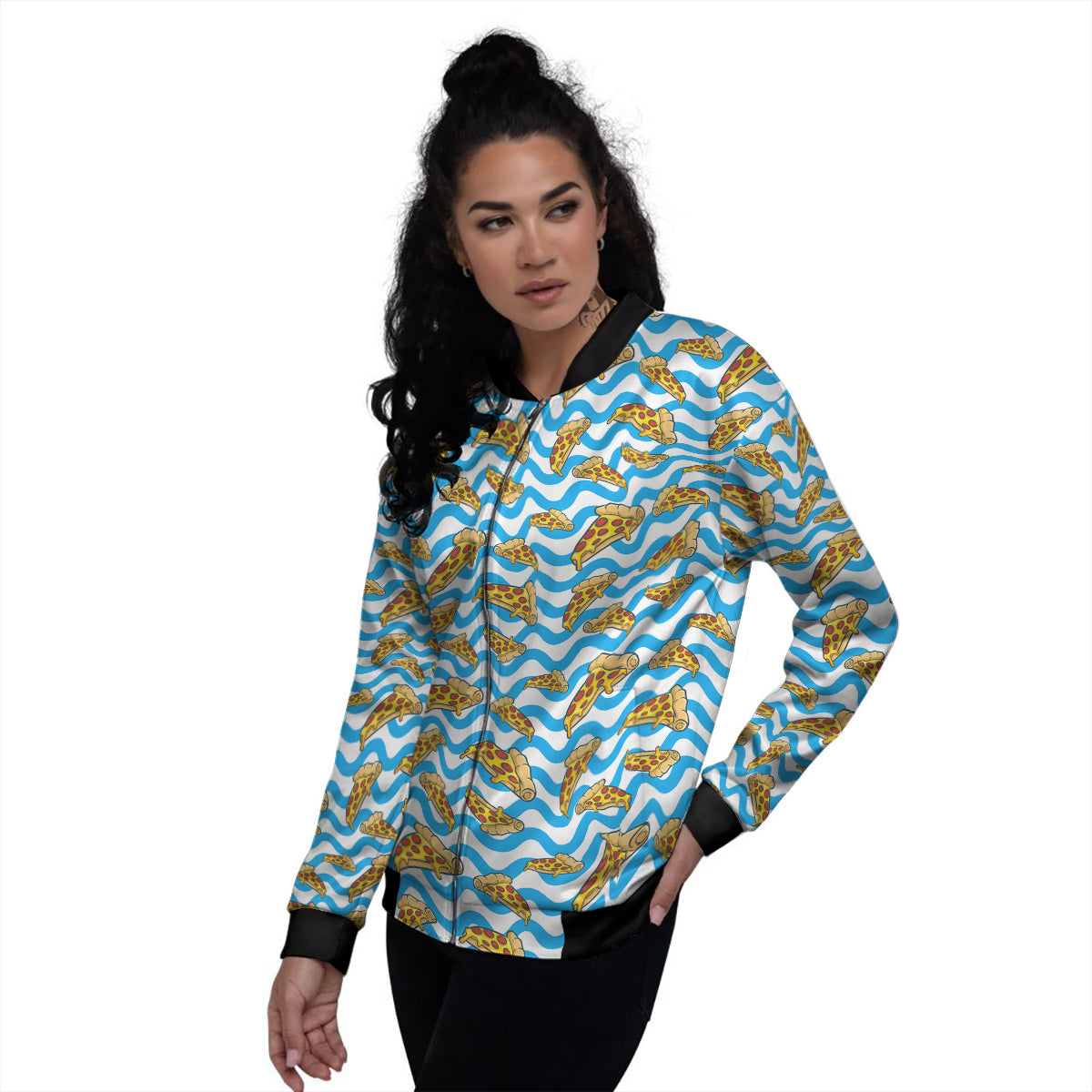 Blue Wave Pizza Print Pattern Women's Bomber Jacket-grizzshop