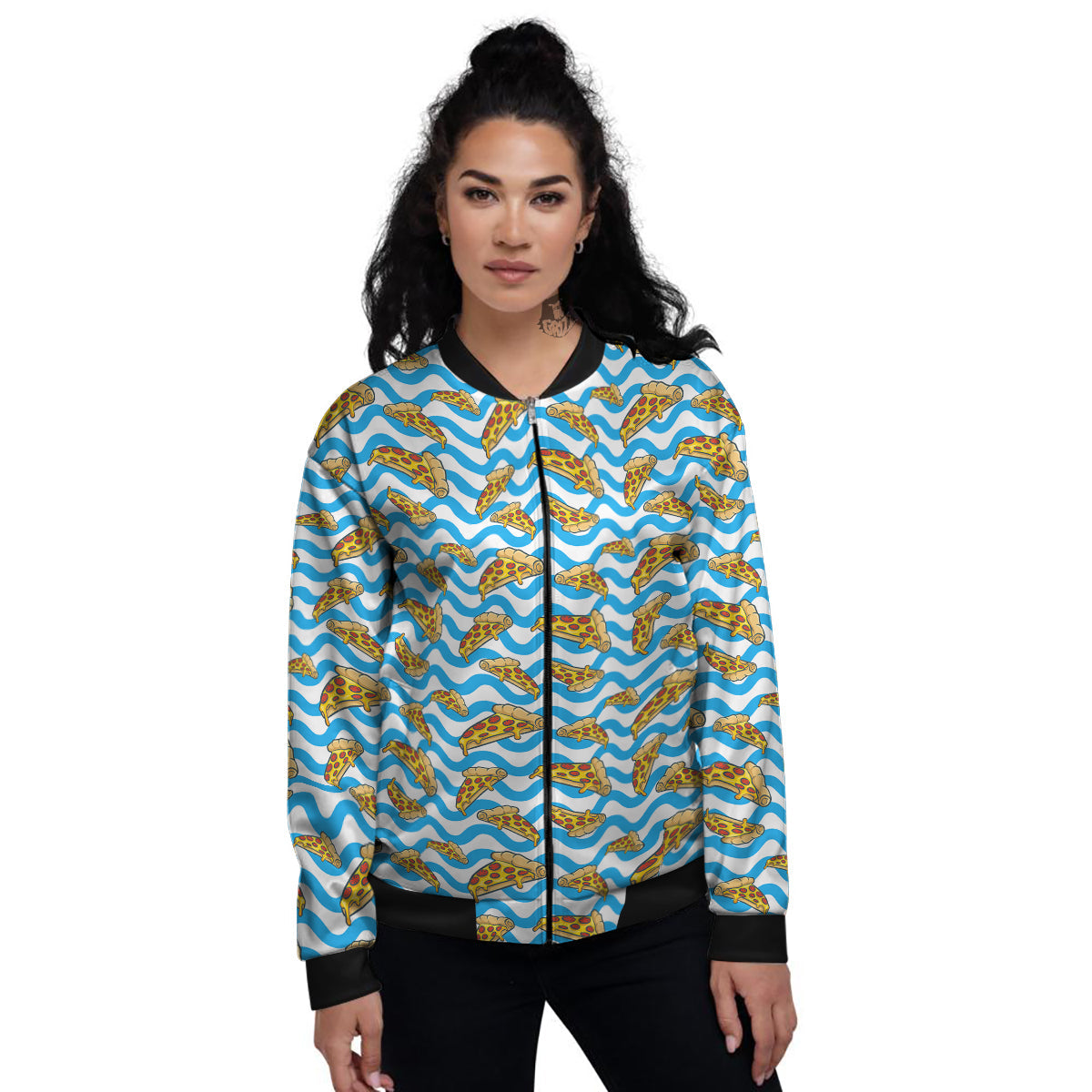 Blue Wave Pizza Print Pattern Women's Bomber Jacket-grizzshop