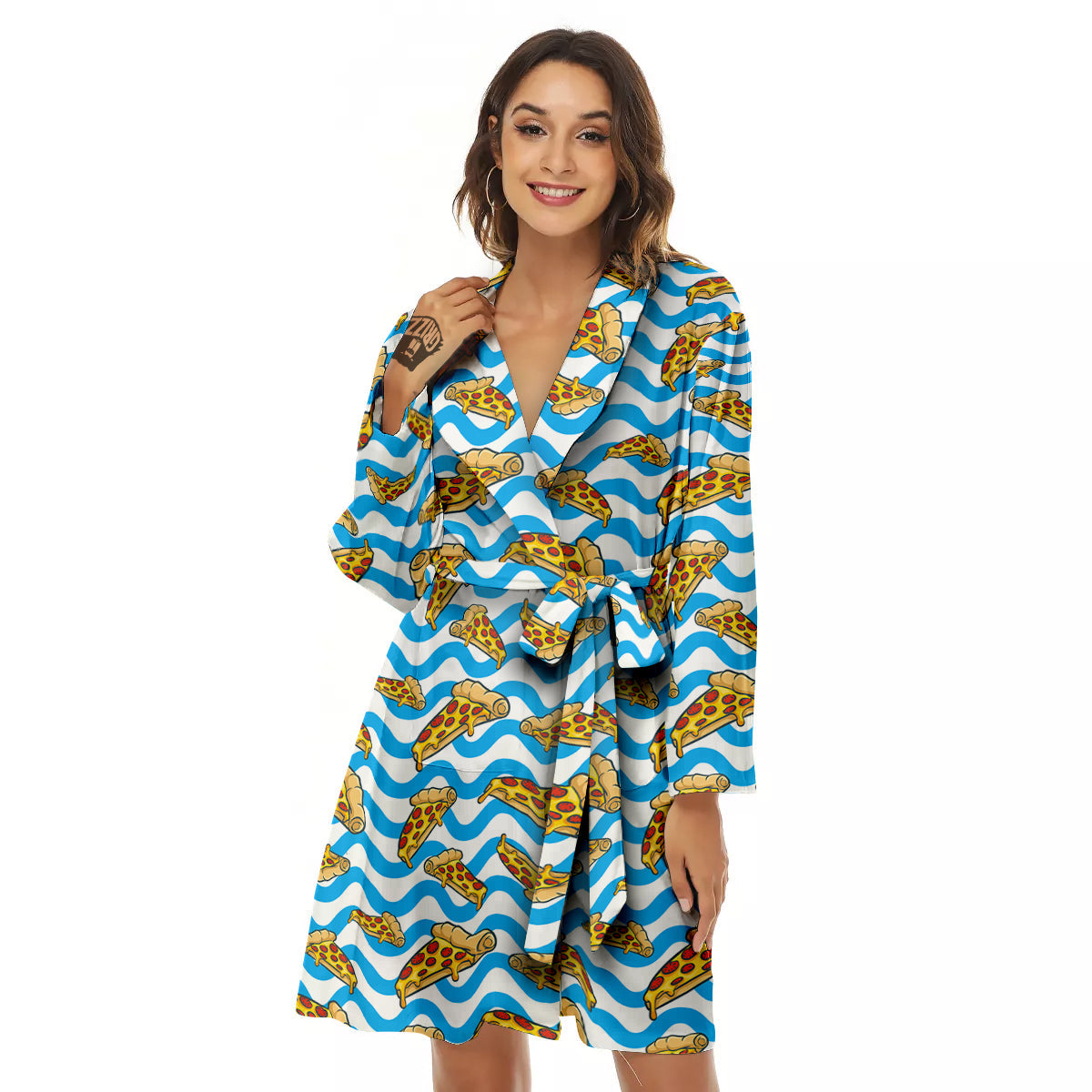 Blue Wave Pizza Print Pattern Women's Robe-grizzshop