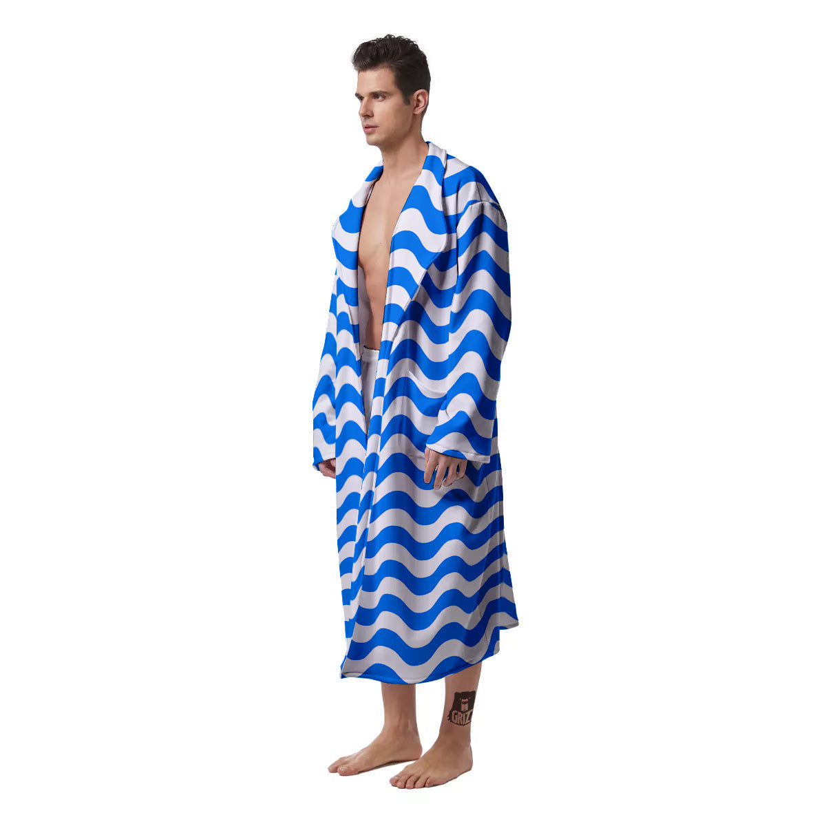 Blue Wave Striped Print Men's Robe-grizzshop