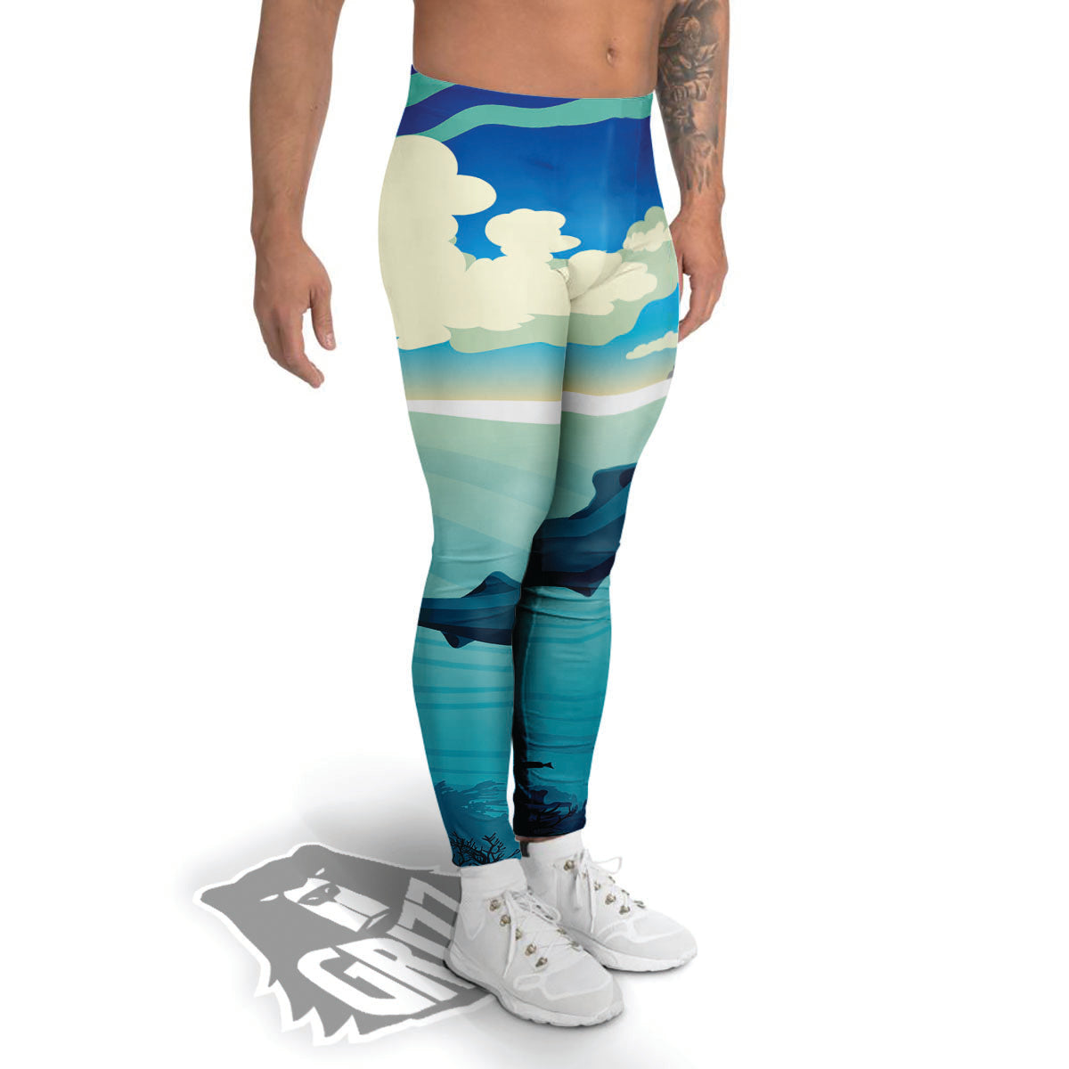 Blue Whale In Deep Sea Print Men's Leggings-grizzshop